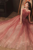 Shiny tulle sequins long prom dress A line evening dress HZ1023