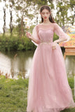 Pink Tulle Long A-Line Ball Gown Evening Gown Bridesmaid Dresses HZ1023