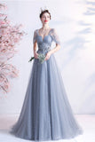 Gray tulle long A line prom dress gray evening dress HZ1023