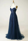 A Line Spaghetti Straps Navy Prom Dress with Appliques HZ1023